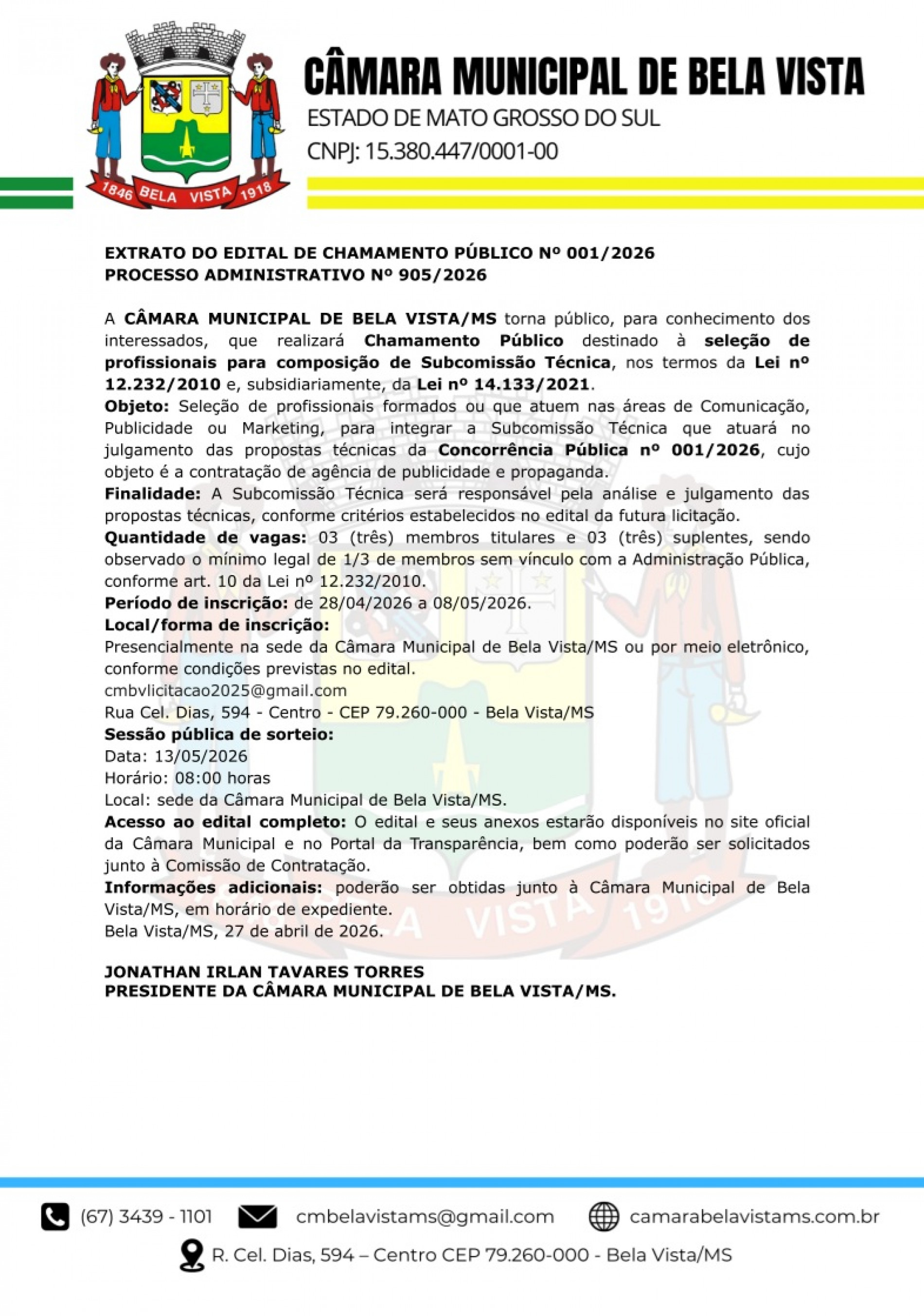 Edital de Chamamento Publico n&ordm; 001 \ 2026 